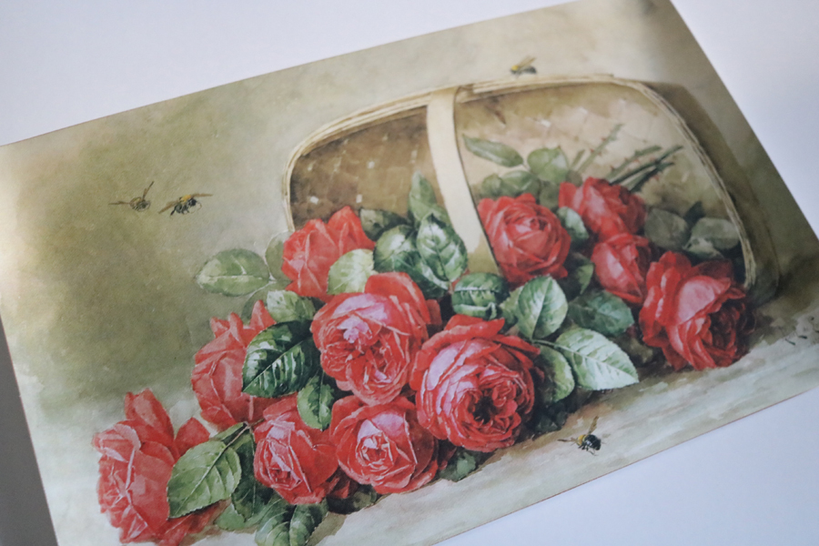 40cm×25cm バラ 薔薇 ビンテージポスター アンティーク ビクトリアン カゴ 絵画 アート お花 カゴ 蜜蜂 ミツバチ_画像3