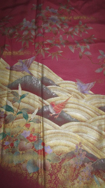 ( старый дом * поставка со склада )( старый ткань * Tanizaki Jun'ichiro печать * золотая краска рука ..* волна . цветы и птицы узор один . кимоно ) ценный * редкий товар 
