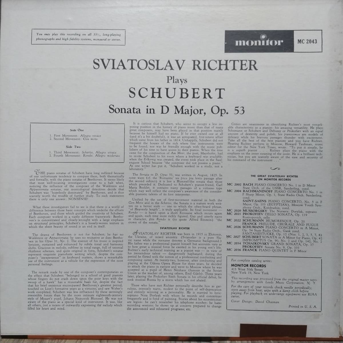 K225/LP米盤1枚/リヒテル/シューベルト：ピアノ・ソナタ Op.53の画像2