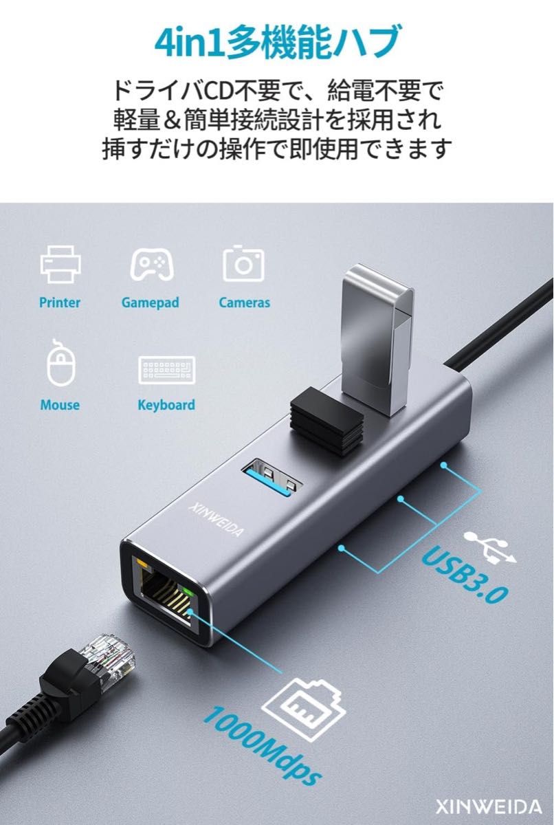 USB LAN変換アダプター 有線LAN  高速伝送 高速USB3.0ポート