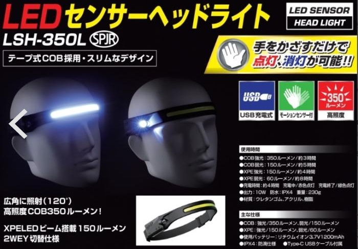 サンピース LSH-350L LEDセンサーヘッドライト USB充電式(タイプＣ) テープ式COB採用 スリムデザイン 滑りにくいの画像3