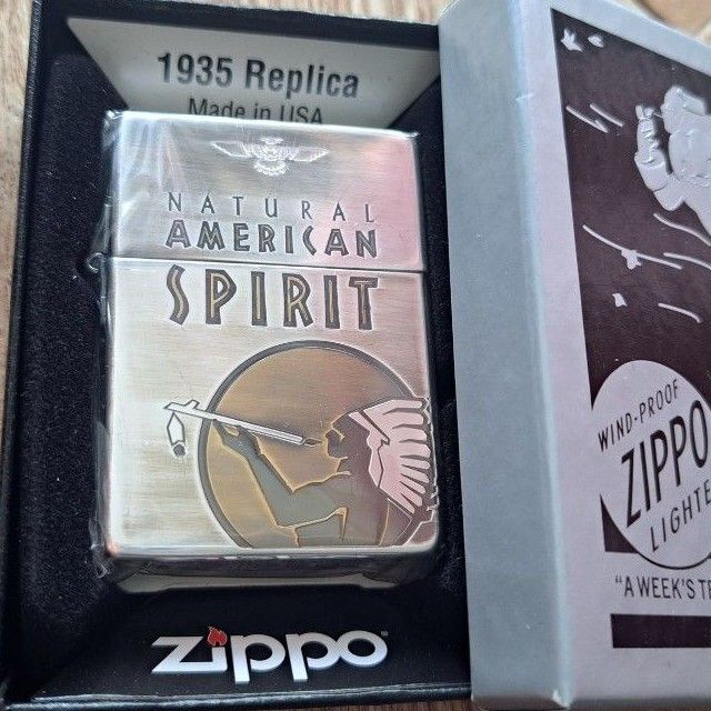 アメリカンスピリット特製zippo 2014年製1935レプリカダメージ加工2 面連続エッチング（限定500個・未開封・未使用品）