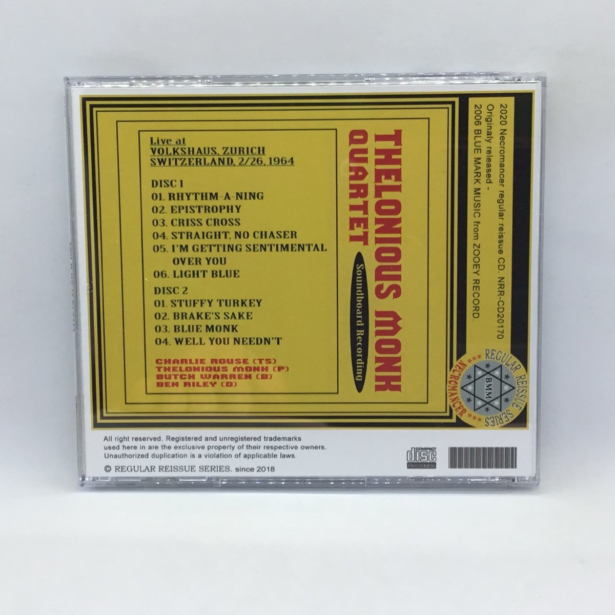 CD-R ◇ THELONIOUS MONK QUARTET / LIVE IN ZURICH 1964 (2CD-R) NRR-CD 20170　セロニアス・モンク_画像2