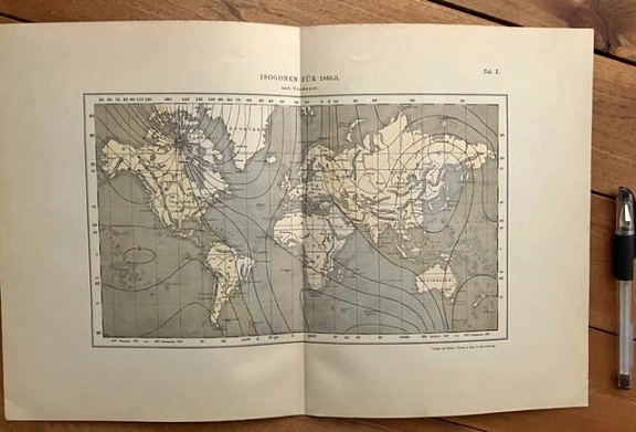 大き目　1890年代　アンティークプリント　1885年のノイマイヤーによる世界の等角線図　気象　天文物理学　_画像1