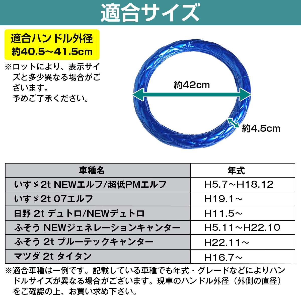 極太 太巻き エナメル ダブルステッチ ダイヤカット トラック ハンドルカバー 艶ブルー×青糸 Sサイズ マツダ 2t タイタン_画像6