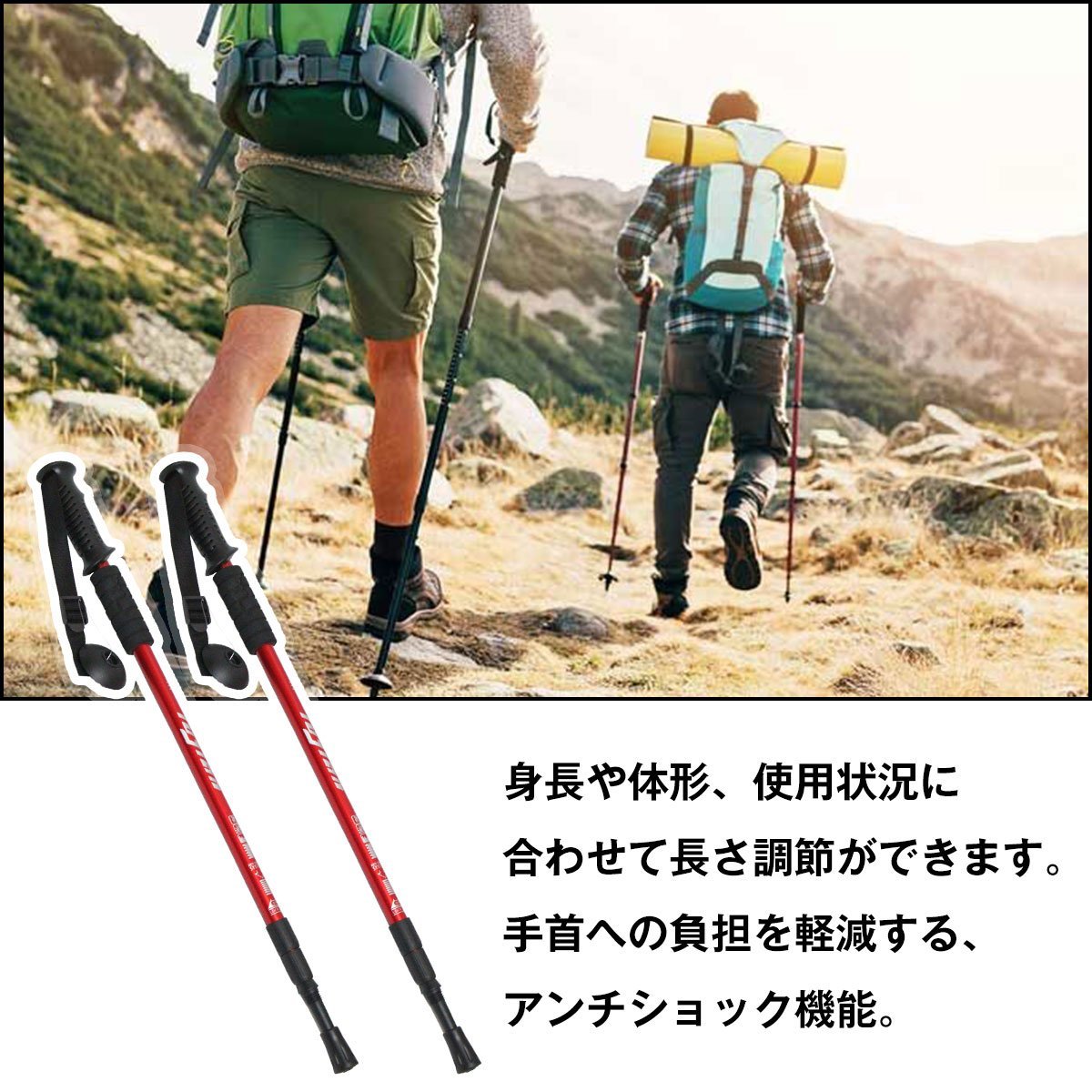 2本セット トレッキングポール レッド/赤 ウォーキングポール 登山 雪山 杖 トレッキングステッキ 棒 補助 軽量 アルミ製_tent-x-002-rd-01-a