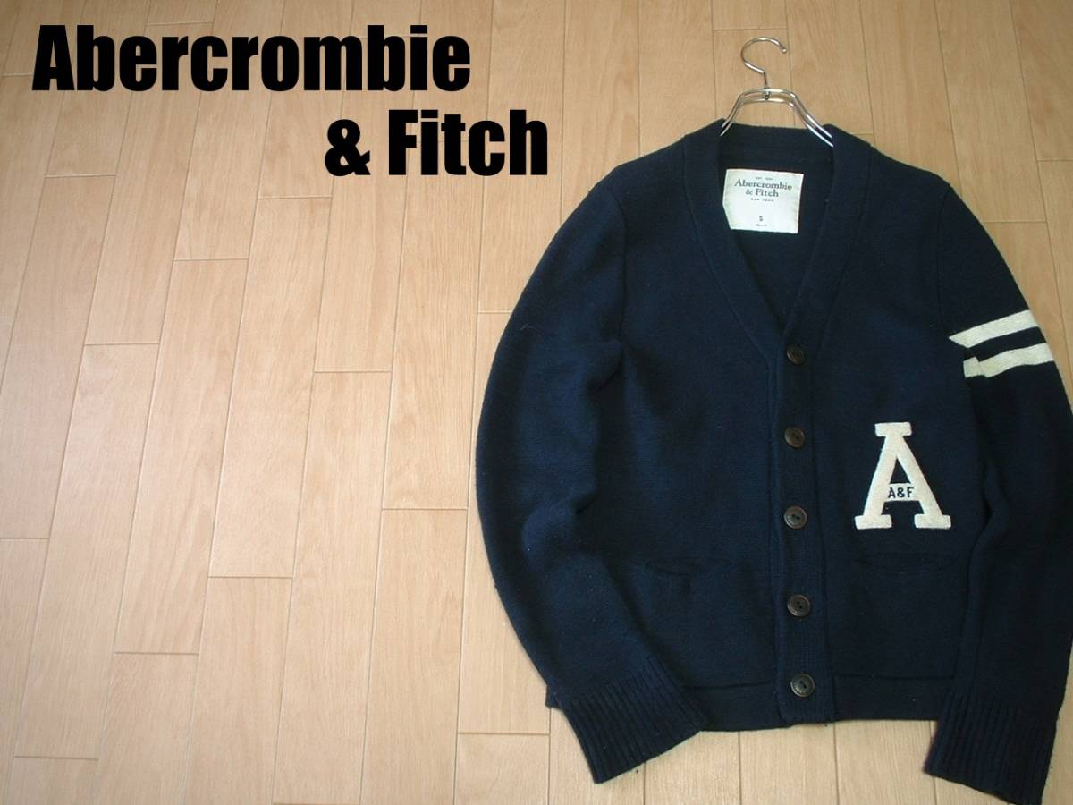 Abercrombie & FitchビンテージモデルレタードカーディガンSネイビー正規アバクロンビー&フィッチ紺セーターVintageワッペンデコレーション_画像1