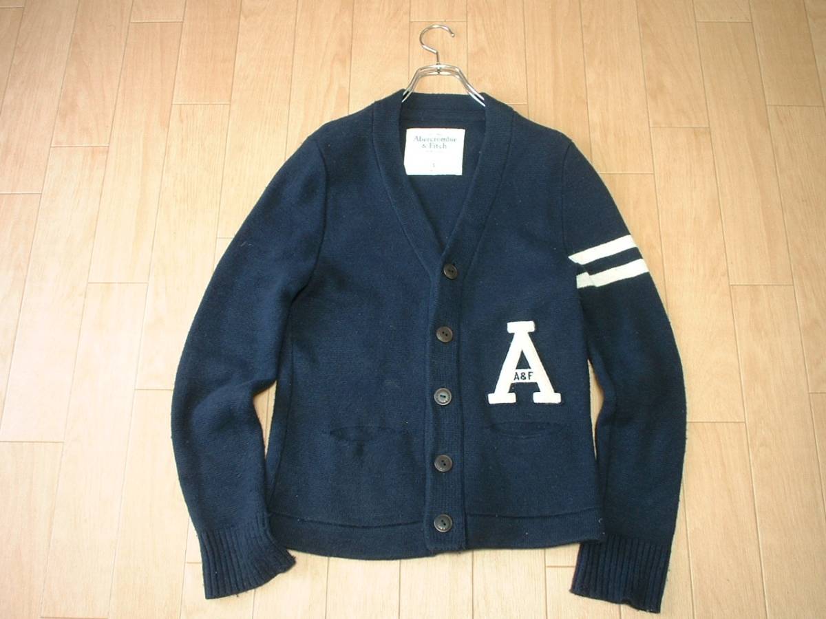 Abercrombie & FitchビンテージモデルレタードカーディガンSネイビー正規アバクロンビー&フィッチ紺セーターVintageワッペンデコレーション_画像4