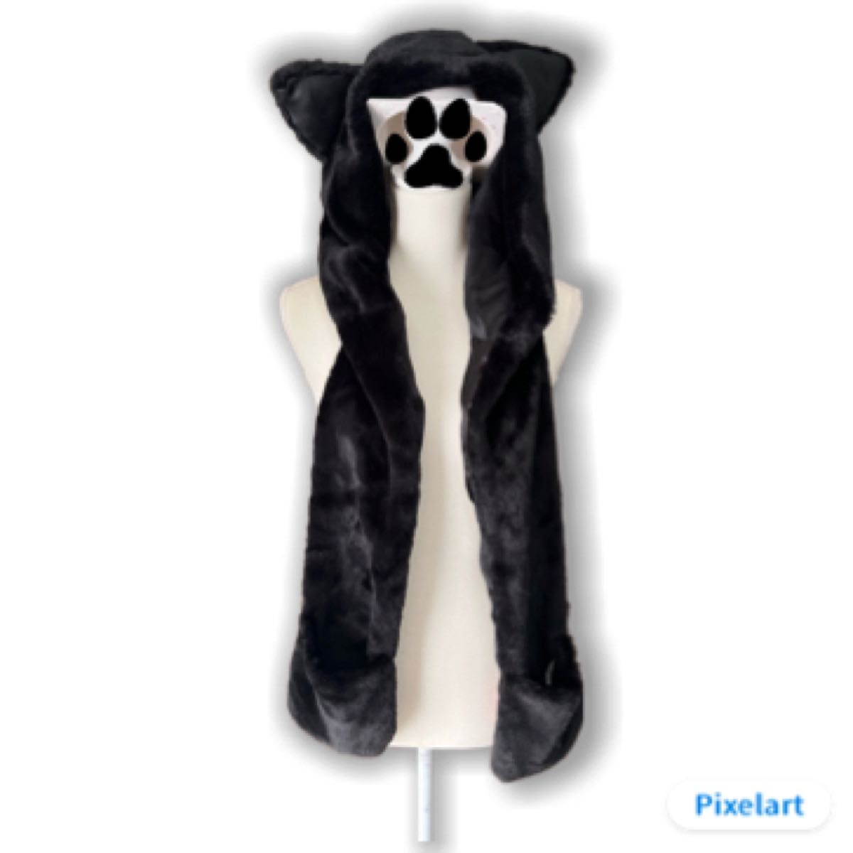 【未使用】猫耳フード付きマフラー 手袋 ファー帽子 黒猫