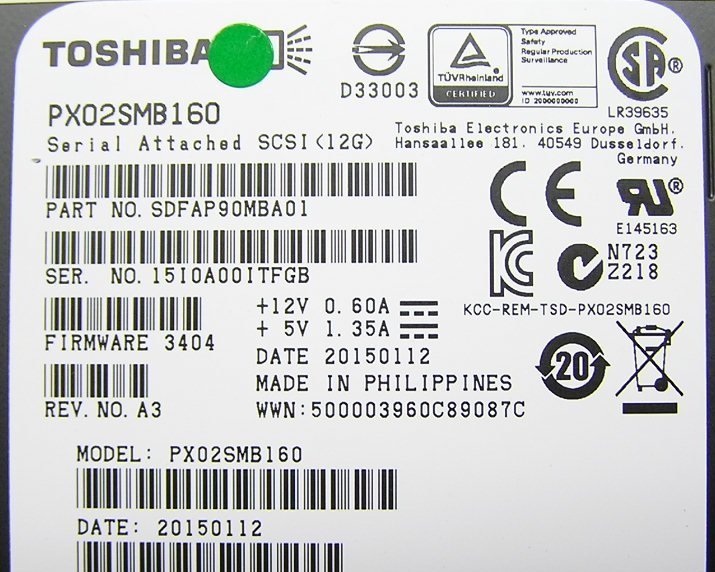 ■10個入荷 TOSHIBA/東芝 1.6TB SAS SSD 2.5インチ PX02SMB160 送料370円_画像4