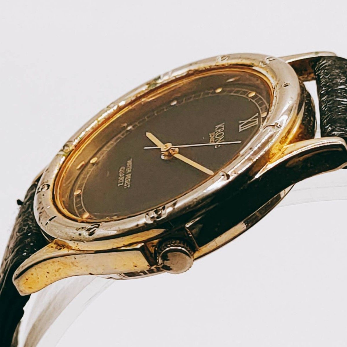 #14【レトロ】KRONE クローネ 腕時計 アナログ 3針 黒文字盤 シルバー基調 時計 とけい トケイ アクセ ヴィンテージ