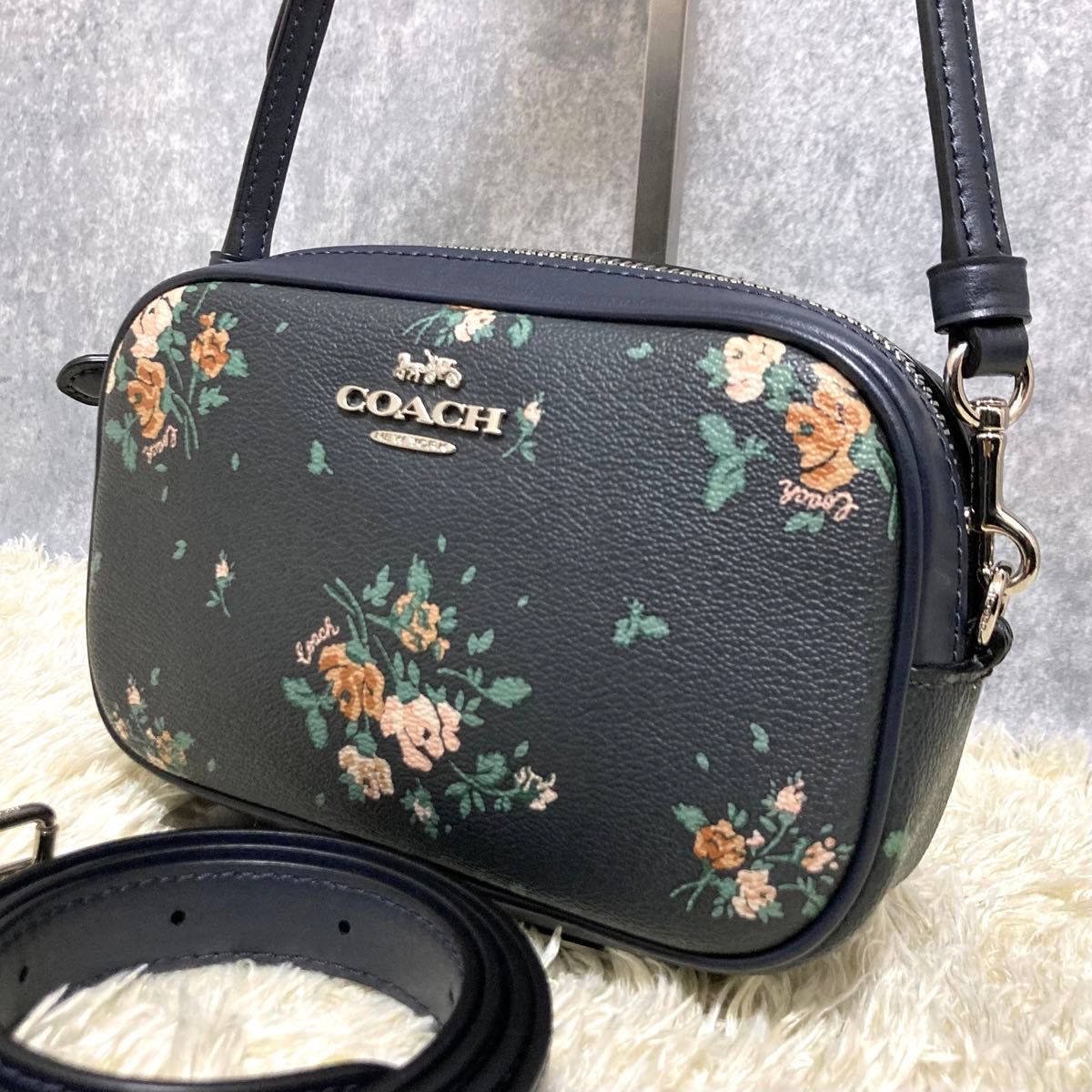 【極美品】COACH コーチ 3way ショルダーバッグ ウエストポーチ ネイビー pvc レザー 花柄 フラワー カメラバッグ