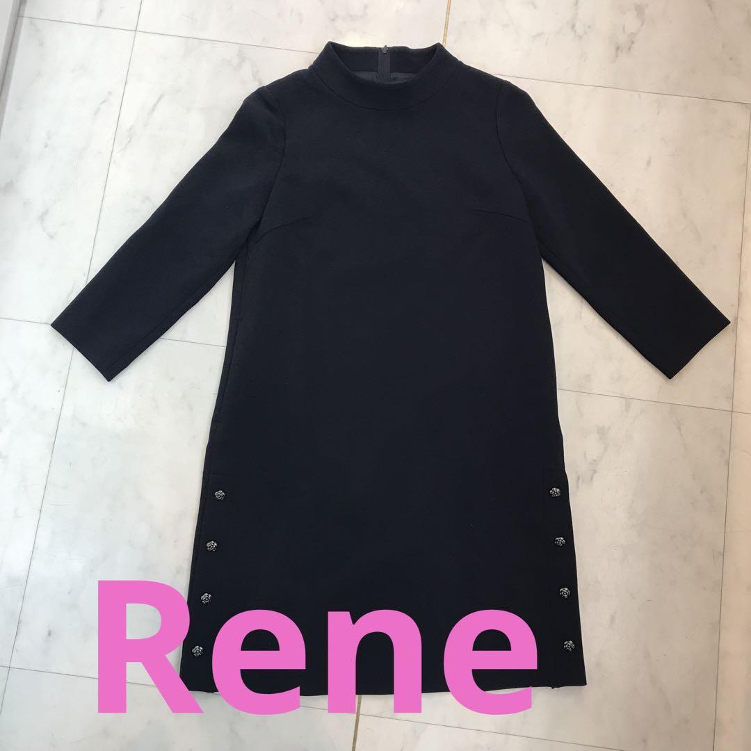 超美品 Rene basic ルネ ワンピース 七分袖 カメリア ネイビー｜Yahoo