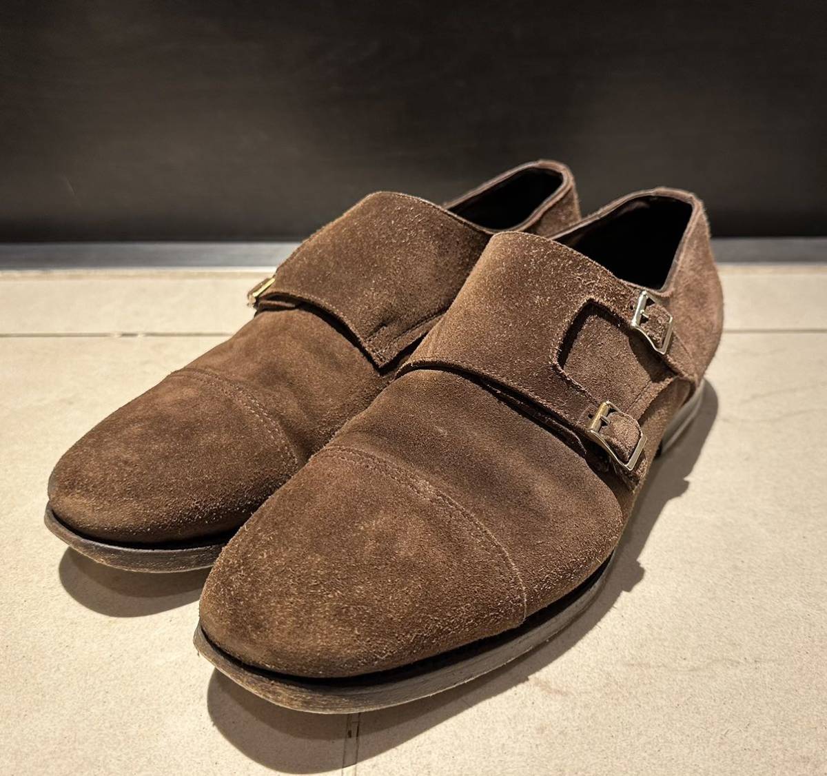 Santoni サントーニ ダブルモンクストラップ レザーシューズ ブラウン スウェード 6.5 パティーヌ グッドイヤーウェルト製法_画像1