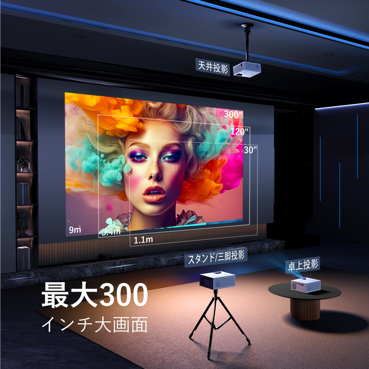 プロジェクター 家庭用 5GWIFI 4K対応 Bluetooth5.2搭載 300インチ大画面 HDMI/USB/TF/AV/パソコン/タブレット/DVDプレイヤー接続可_画像7