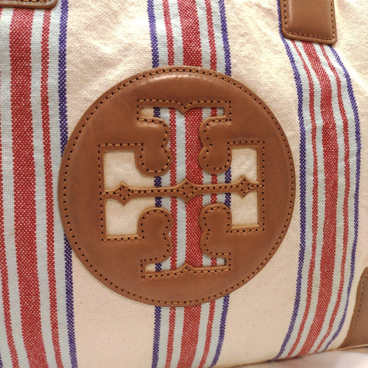 トリーバーチ Tory Burch エラ トートバッグ メンズ レザー 本革 キャンバス ビジネス A4可 PC可 大容量 ストライプ デカロゴ ベージュ_画像8