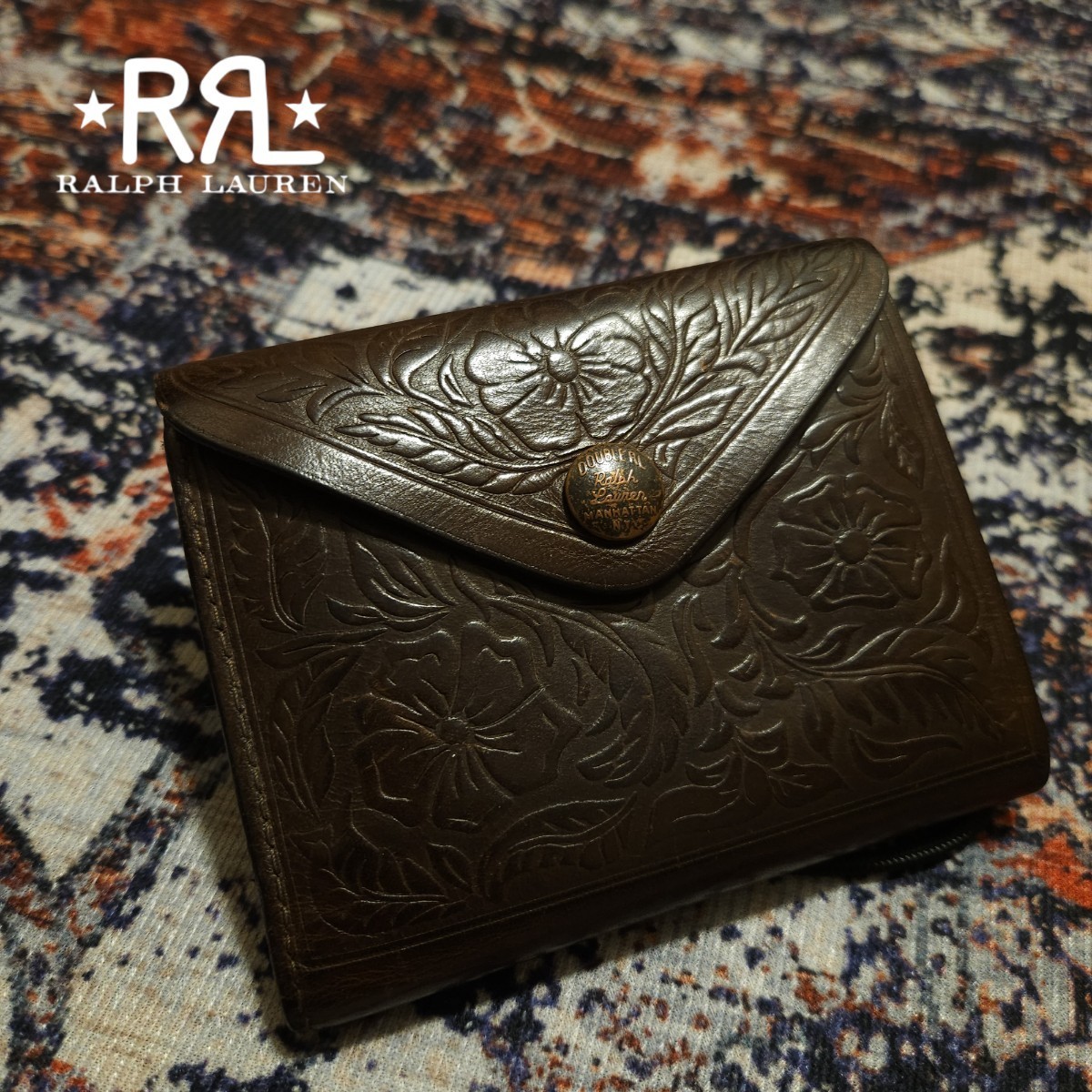 【ITALY製】 RRL Leather Carving Wallet レザー カービング ウォレット 財布 彫刻 芸術品 牛革 Ralph Lauren 花 ダークブラウン_画像1