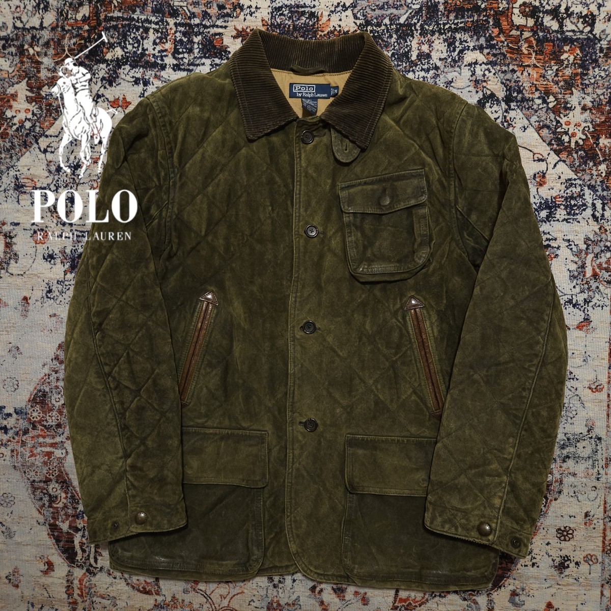 【逸品】 Polo Ralph Lauren Hunting Oiled Leather Jacket 【M】 ハンティング オイルド レザー ジャケット 重厚 ライダース RRL 深緑_画像1