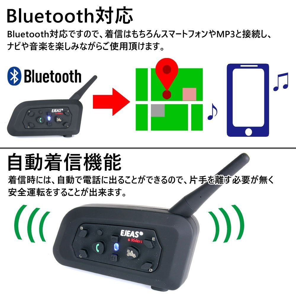 Bluetooth3.0対応 インカム 最大1200m 6台同時通話可能 【V6/2台セット】日本語説明書付 大容量バッテリー 通話 音楽 スマホ ナビ バイク_画像2