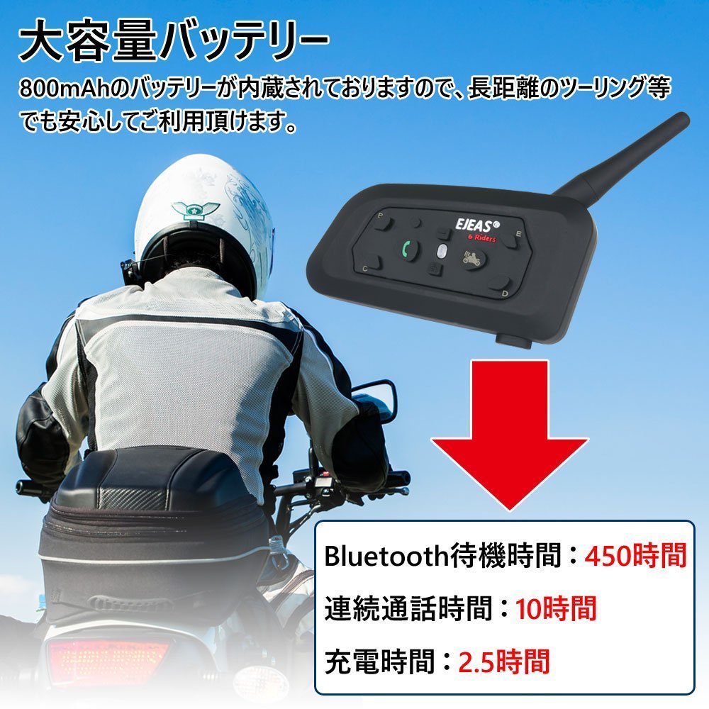 Bluetooth3.0対応 インカム 最大1200m 6台同時通話可能 【V6/2台セット】日本語説明書付 大容量バッテリー 通話 音楽 スマホ ナビ バイク_画像5