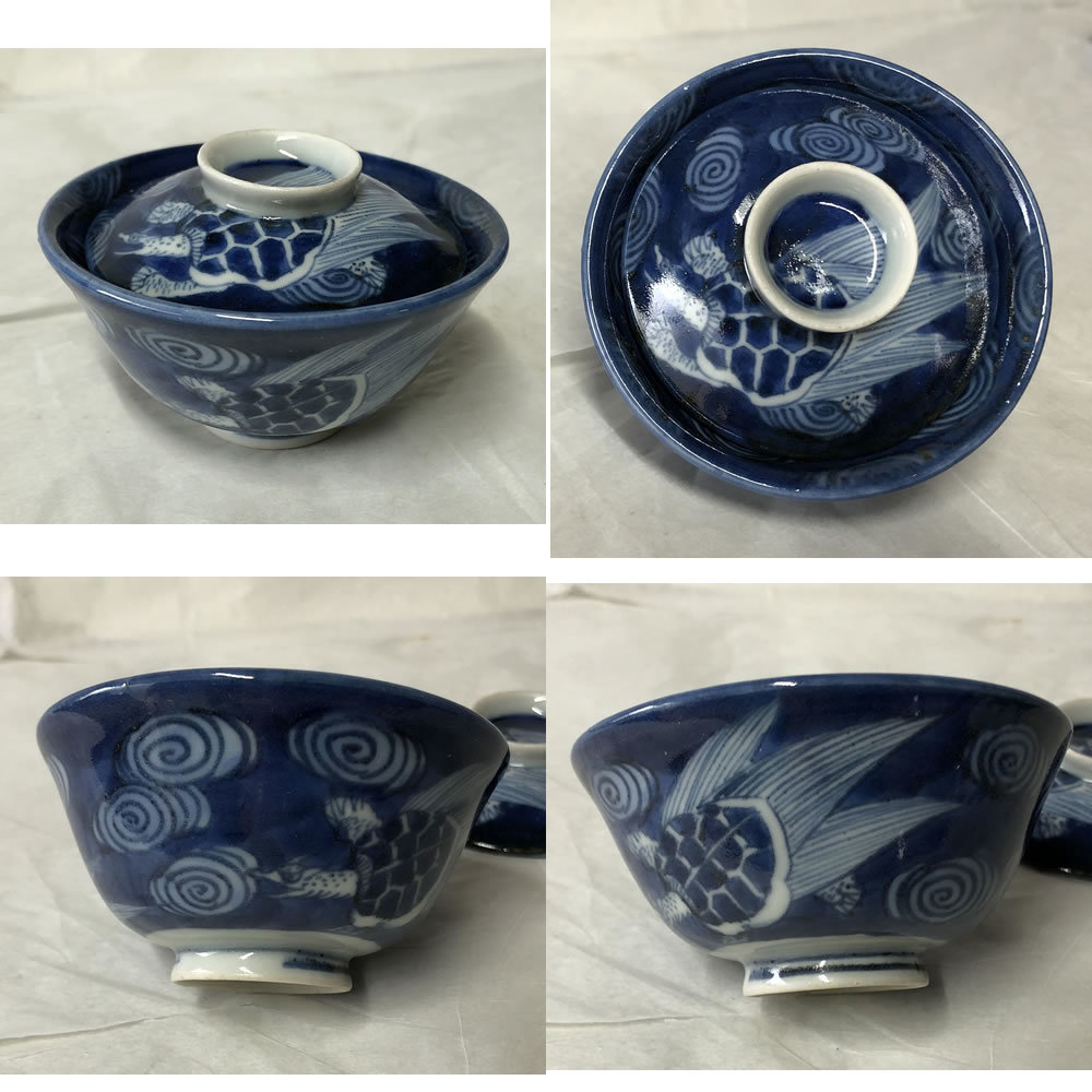 ●e2692 古伊万里 染付 すすり茶碗 龍亀図 6客 合わせ箱 すすり碗 蓋茶碗 _画像7