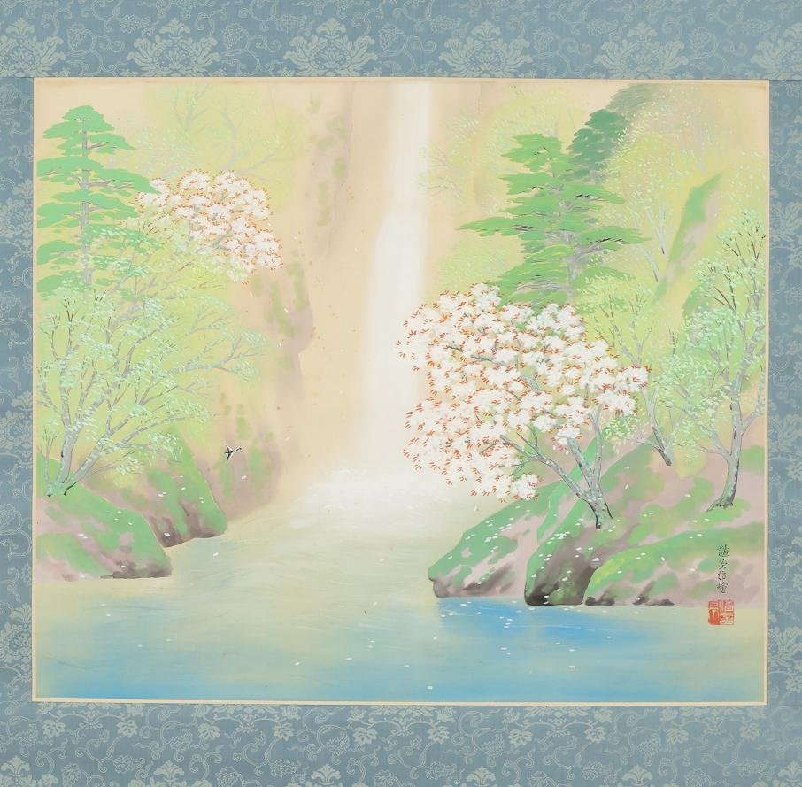 【真作】◆野口謙次郎◆瀑布◆桜◆春景◆佐賀県◆日本画◆肉筆◆絹本◆掛軸◆t240_画像1