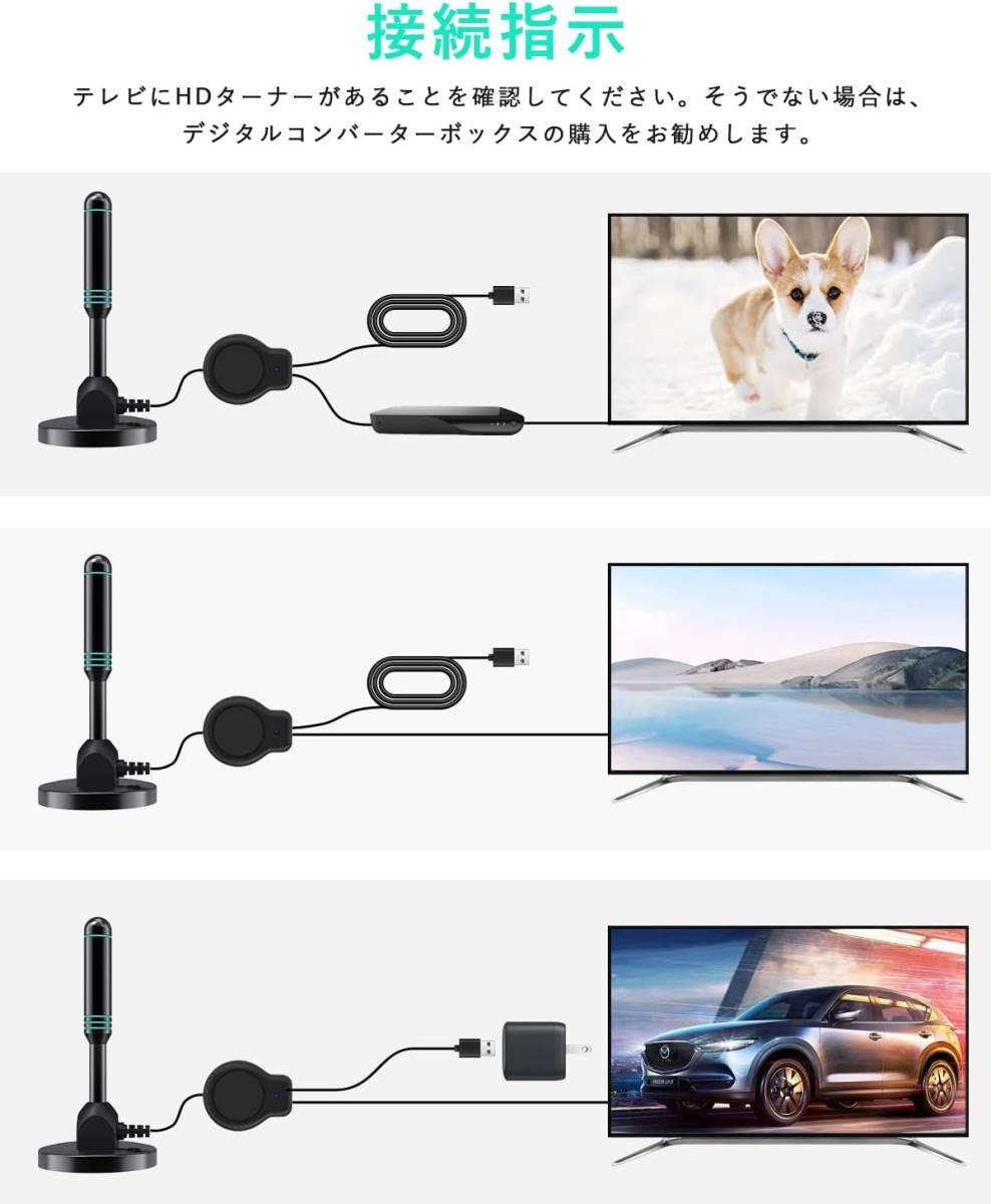 室内アンテナ 430KM 受信範囲 4K HDTV 360度全方位受信 テレビアンテナ 高性能 USB式 全種類 UHF VHF 対応 の画像2