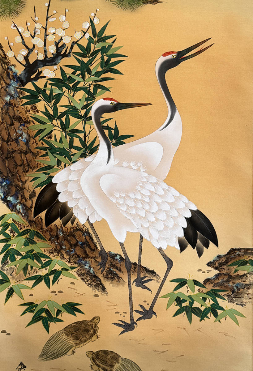 真作 秋光作 鶴亀 掛軸 尺八立 日の出 松に双鶴 双亀 とても縁起の良い絵柄 日本画 共箱の画像5