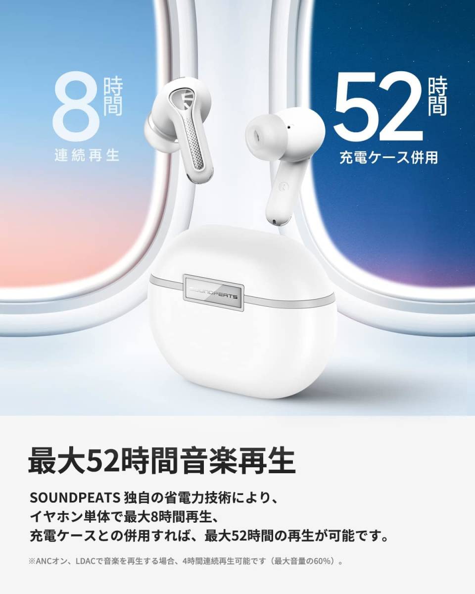 SOUNDPEATS Capsule3 Pro ワイヤレスイヤホン ハイレゾ LDAC対応 Bluetooth 5.3 最大52時間再生 ANC (ホワイト) U49_画像8