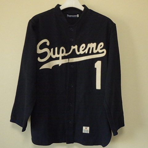 ★ 初期 90s USA アメリカ製 Supreme シュプリーム Vintage Baseball Shirt ヴィンテージ ベースボール シャツ 長袖 ウール (紺M)GDMG_画像1