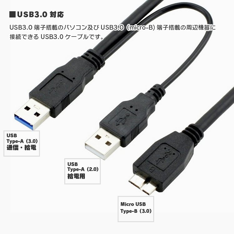 Y字microBケーブル 外付けHDD SSD データ転送&給電 電力不足解消 USB3.0+USB2.0+MicroB USBケーブル タイプAオス マイクロBオス YMB005M_画像3