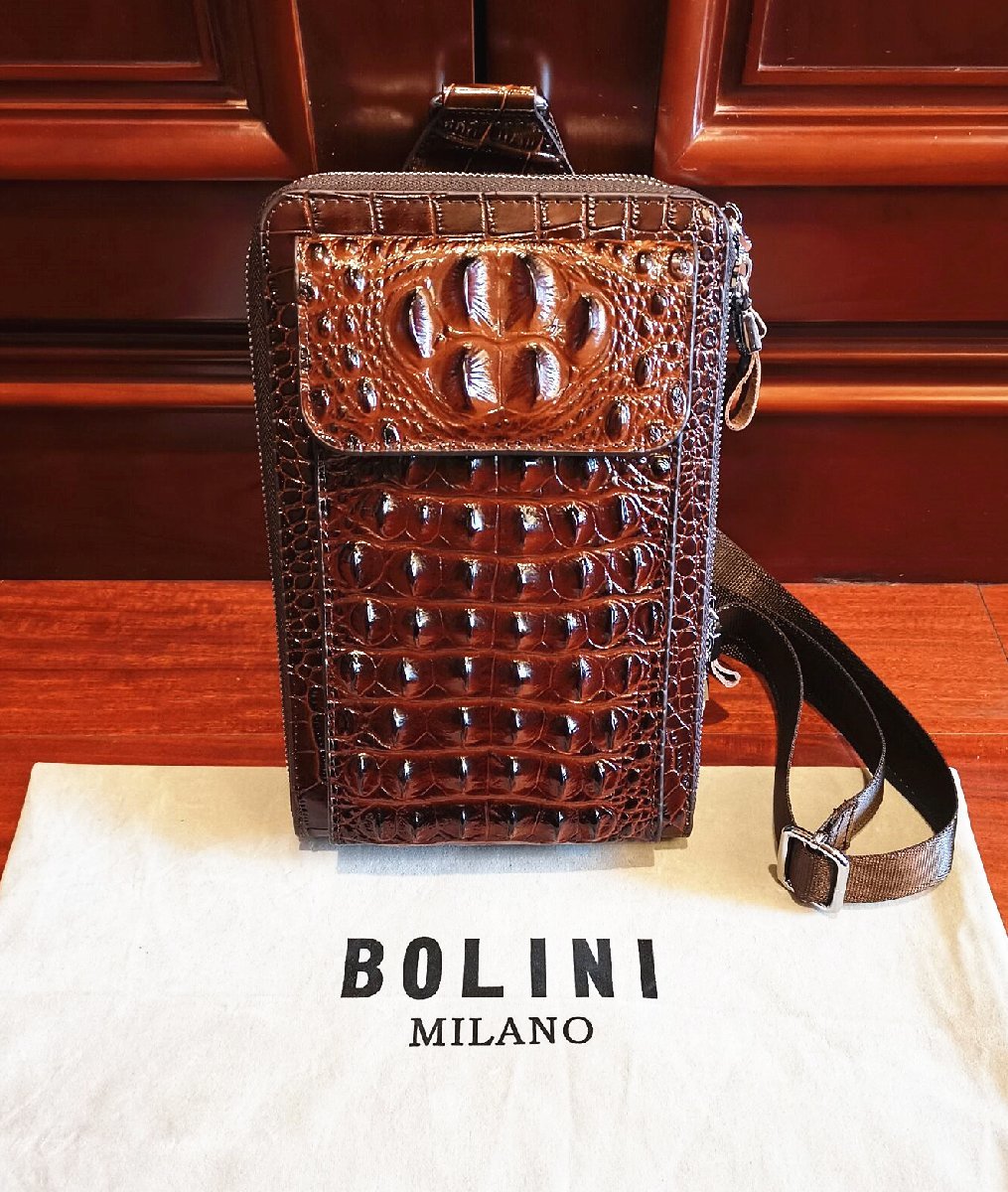 最上級逸品*18万◆イタリア・ミラノ発*BOLINI/ボリニ・最上級牛革・クロコダイル*ショルダーバッグ/リュックサック・茶色_画像2