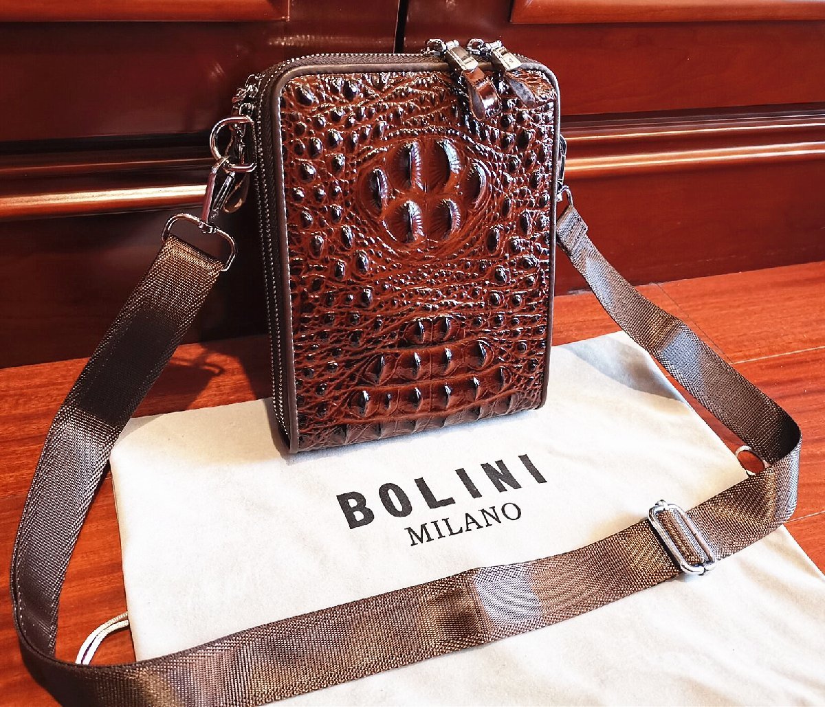 逸品*16万◆イタリア・ミラノ発*BOLINI/ボリニ・最上級牛革・クロコダイル*ショルダーバッグ/リュックサック・茶色_画像3