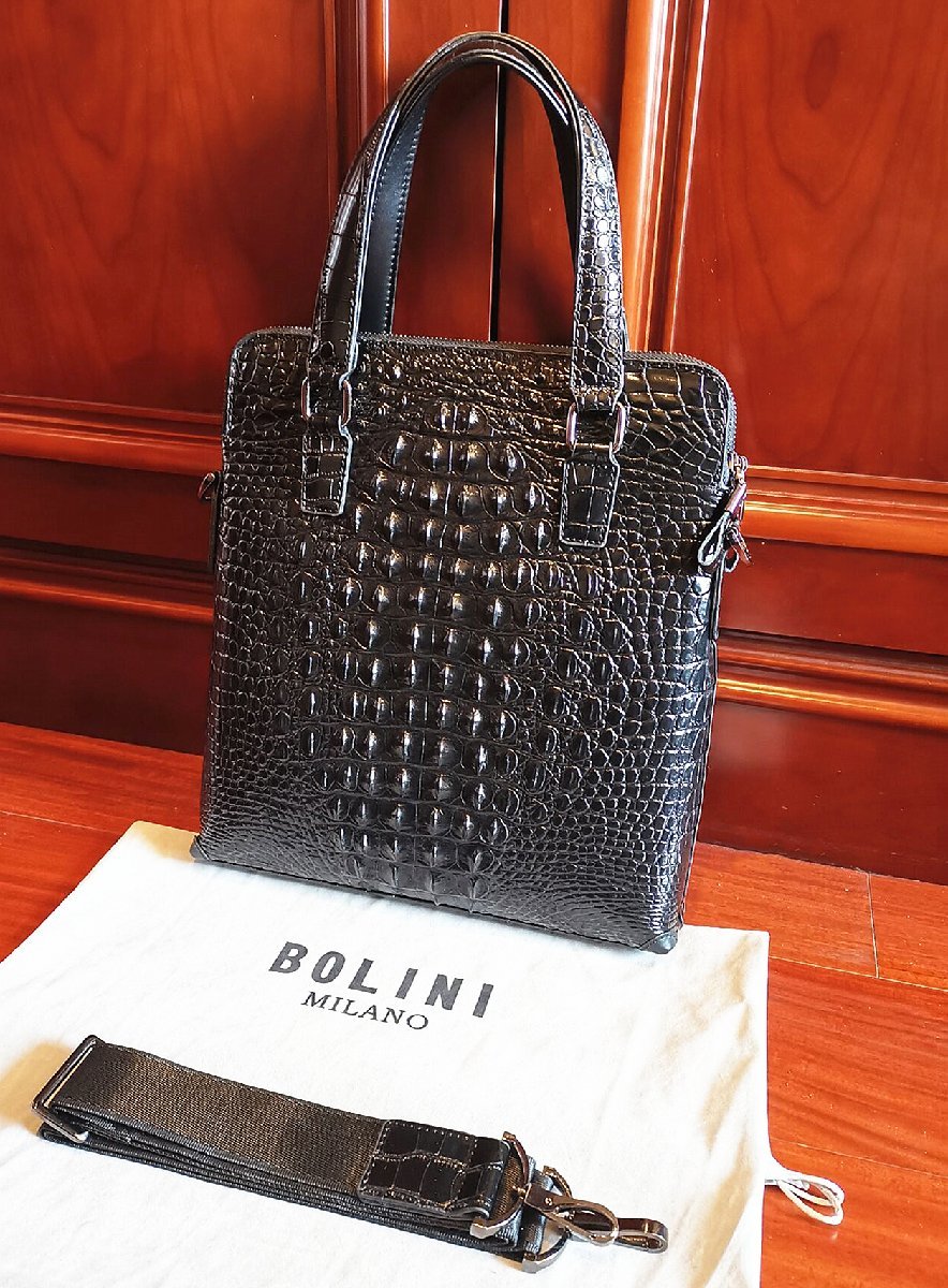 最上級逸品※定価18万◆イタリア・ミラノ発*BOLINI/ボリニ・最上級牛革・クロコダイル*トートバッグ/黒_画像3