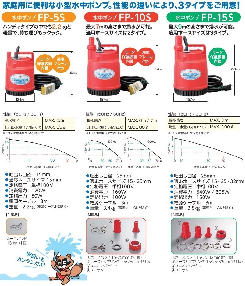 鶴見製作所 ツルミ 排水ポンプ 小型 FP-5S 100V 50Hz 家庭用 汚水 水槽 給水 水中ポンプ 電動_画像4