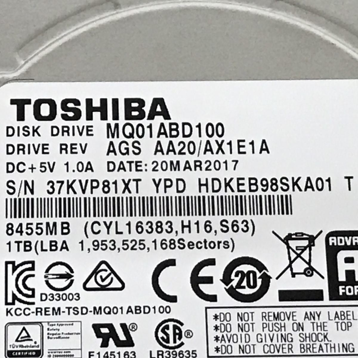 送料185円 1TB HDD TOSHIBA MQ01ABD100[C0054]_画像2