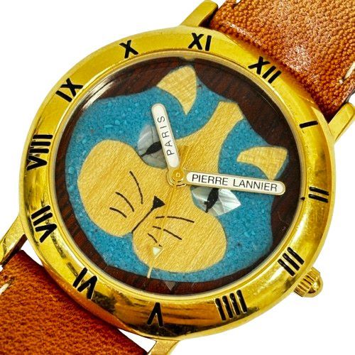 【Pierre Lannier/ピエールラニエ】クォーツ腕時計 ネコ 065.925 レッド×ブルー文字盤 ゴールド ベージュベルト ケース付★6202_画像1