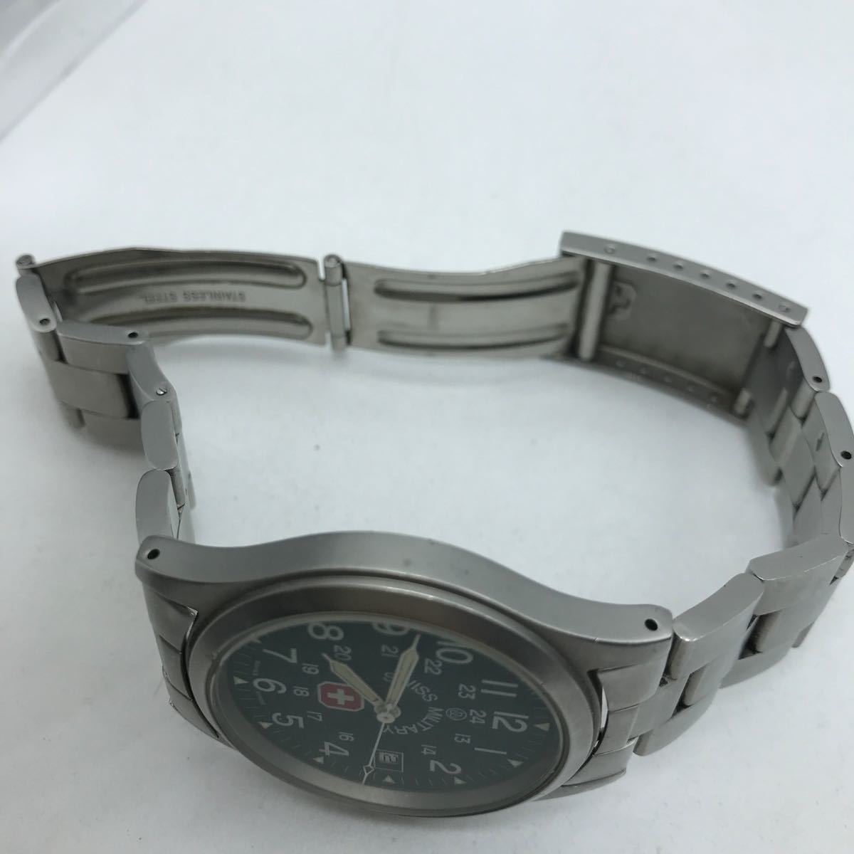 SWISS MILITARY WATCH クォーツ腕時計 アナログ 5304 グリーン文字盤 スイスミリタリー 動作品 箱、コマ付き_画像7