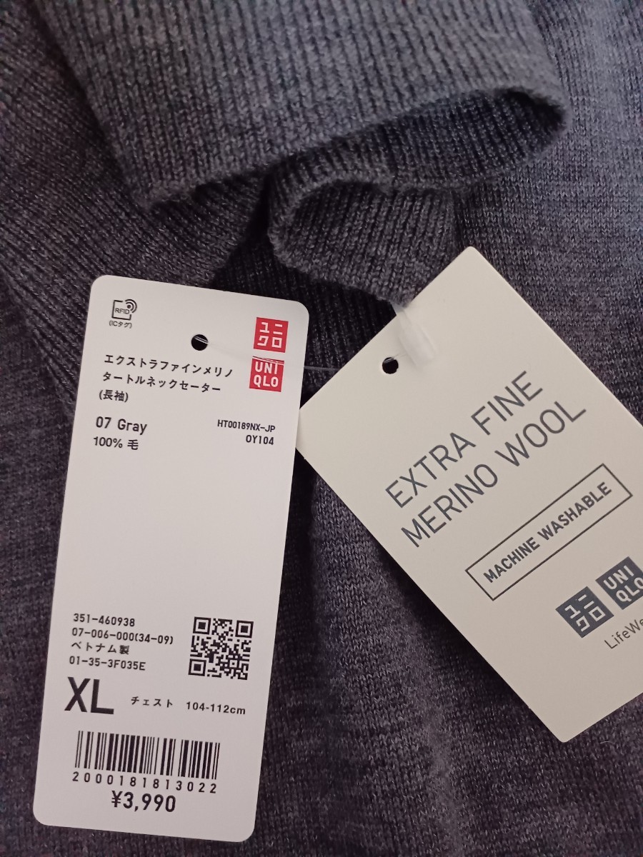 未使用 UNIQLO エクストラファインメリノタートルネックセーター(長袖) XLサイズ ダークグレー 2023年モデル_画像6