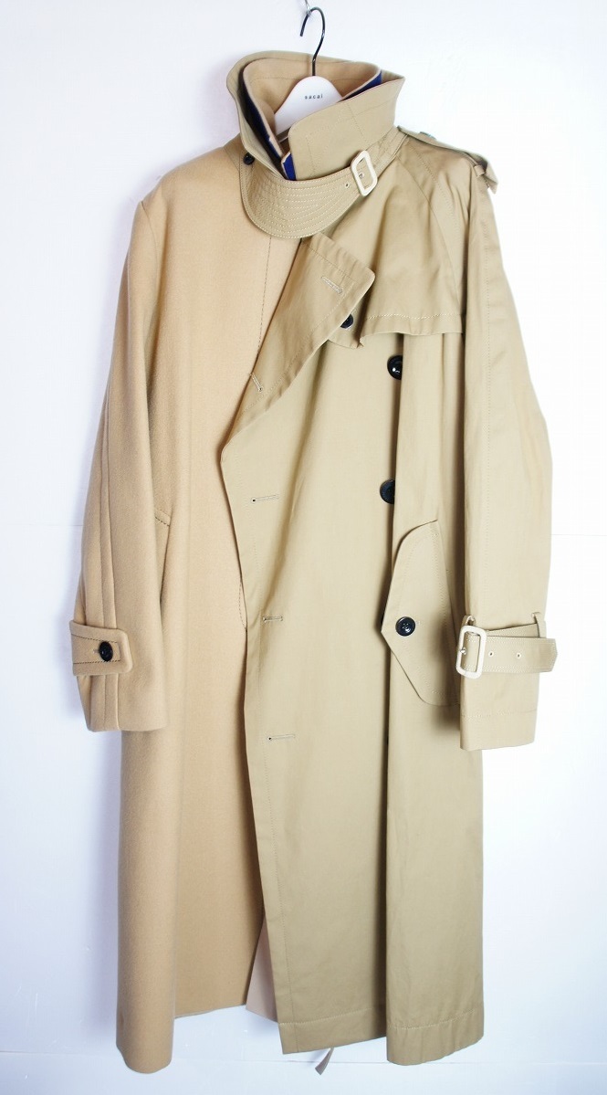 美品19AW sacai サカイ ドッキング アシンメトリー トレンチ ステンカラー コート 再構築 19-04534 ベージュ113O▲_画像2