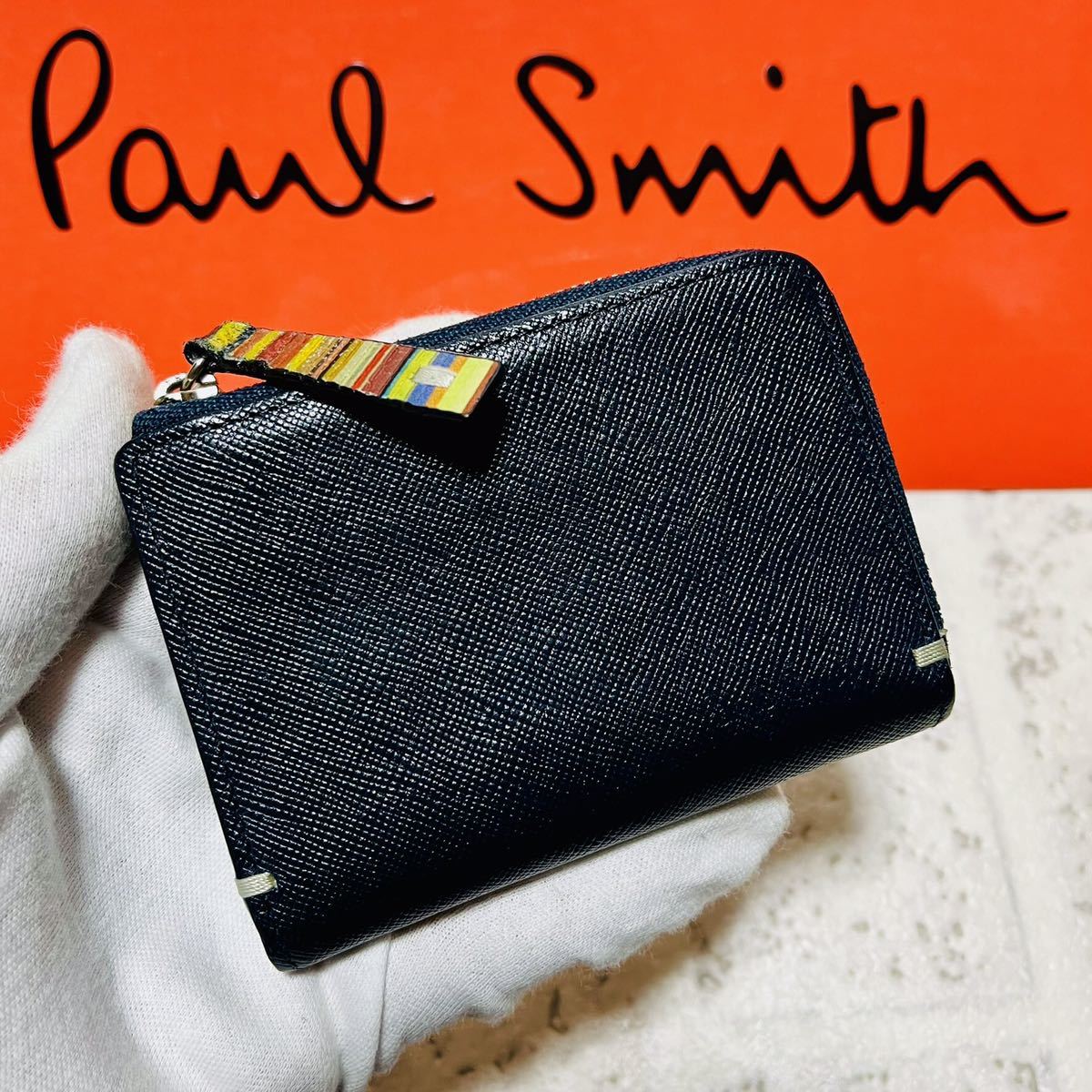 Paul Smith ポールスミス ジップストローグレイン 財布 コンパクトウォレット コインケース L字ファスナー 小銭入れ ネイビー 8683の画像1