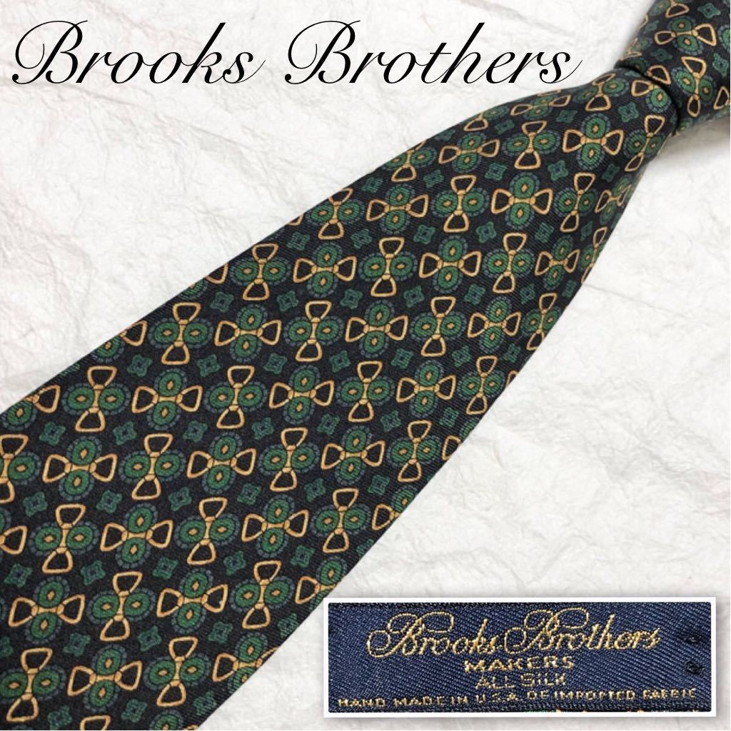 ■美品■Brooks Brothers ブルックスブラザーズ　ネクタイ　ホースビット　ジュエリー　総柄　シルク100% 米国製　黒×緑×金_画像1