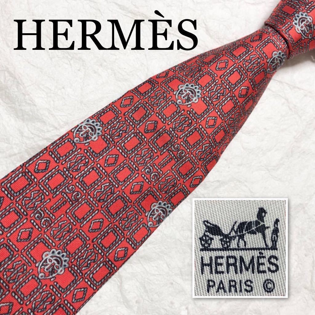 ■美品■HERMES エルメス　ネクタイ　金具　格子　総柄　シルク100% フランス製　レッド_画像1
