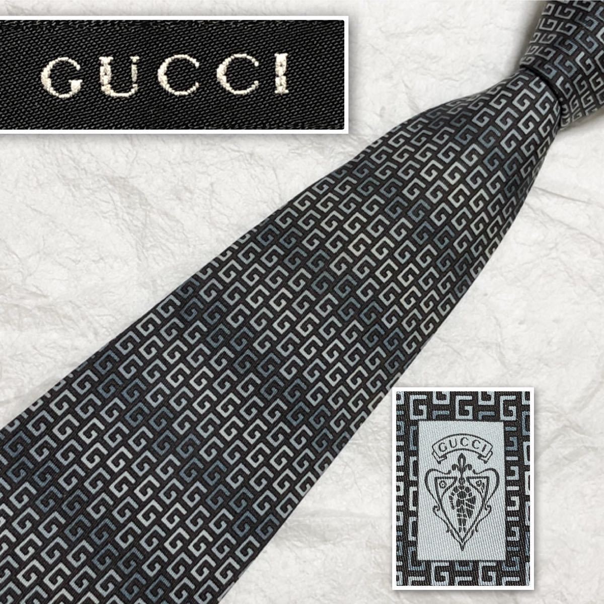 ■良品■GUCCI グッチ　ネクタイ　ボーダー　Gマーク総柄　シルク100% イタリア製　グレー_画像1