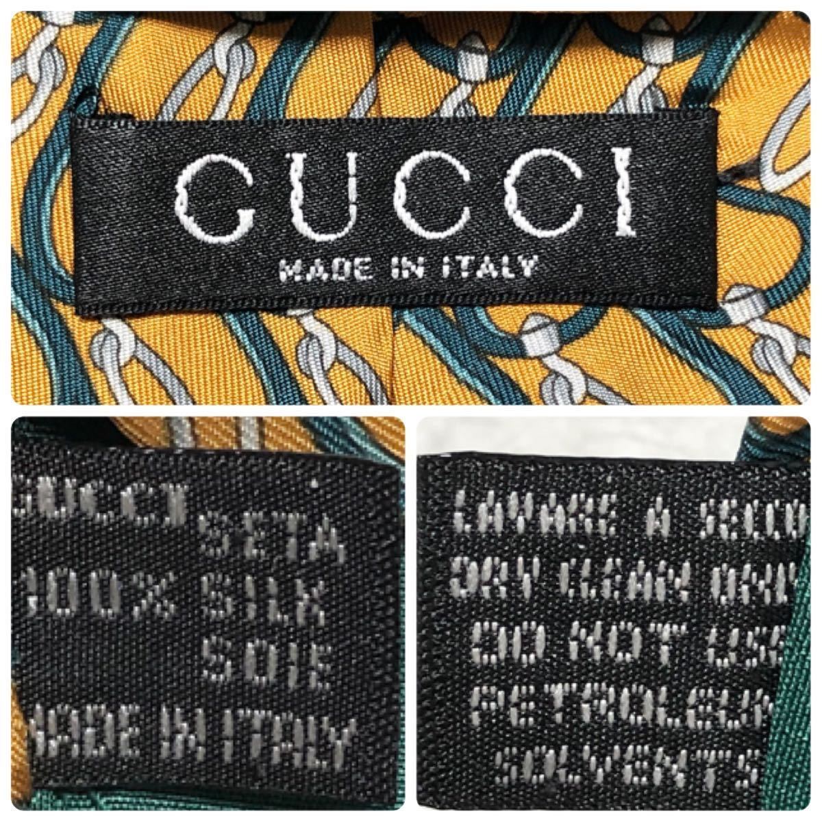 ■美品■GUCCI グッチ　金具　ストラップ　総柄　ネクタイ　シルク100% イタリア製　青緑×カラシ_画像9