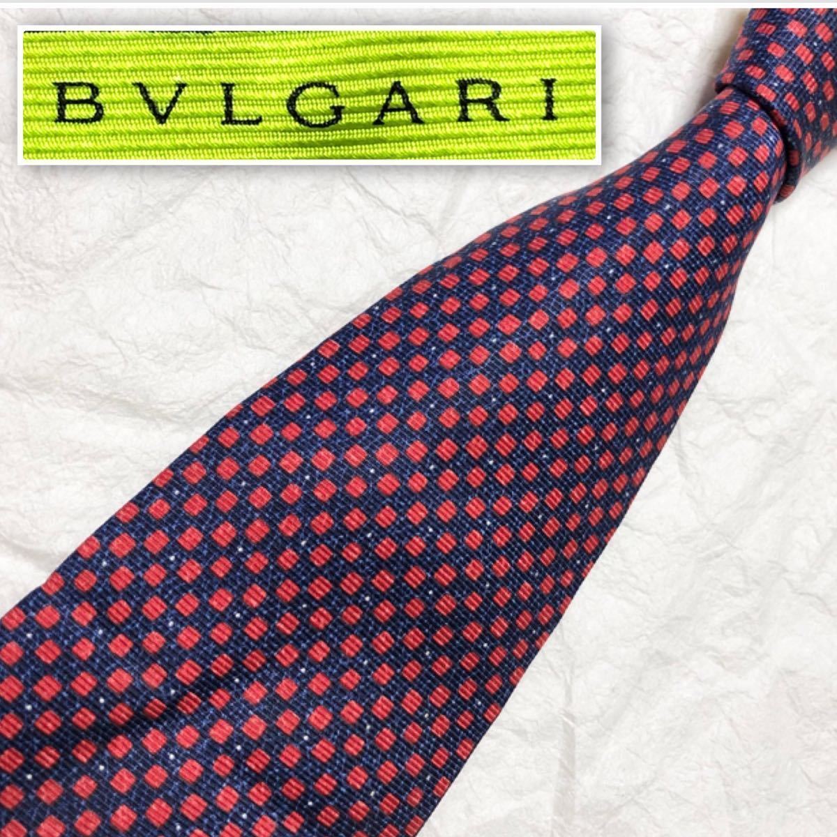 ■希少セッテピエゲ■BVLGARI ブルガリ ネクタイ スクエア ドット 総柄  シルク100% イタリア製 レッド系の画像1