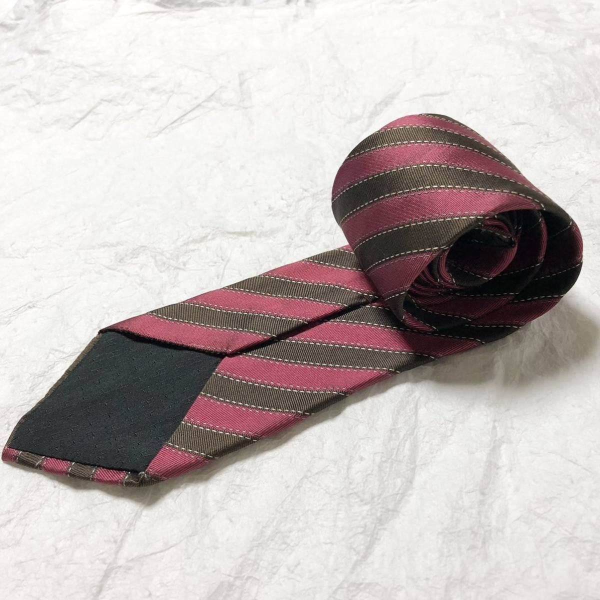 # прекрасный товар # редкий #HERMES Hermes галстук reji men taru полоса стежок подкладка H ткань шелк 100% красный × Brown бизнес 