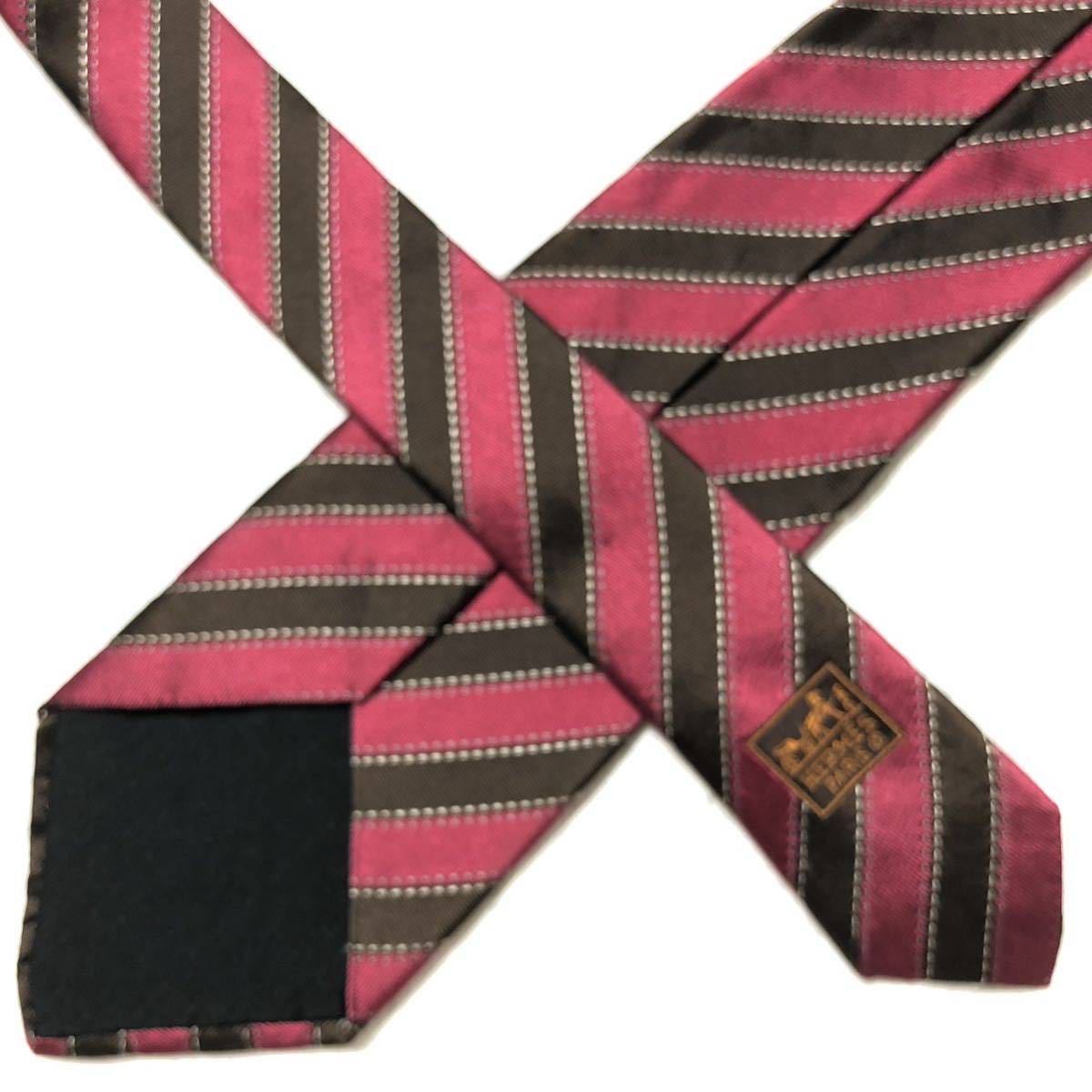 # прекрасный товар # редкий #HERMES Hermes галстук reji men taru полоса стежок подкладка H ткань шелк 100% красный × Brown бизнес 