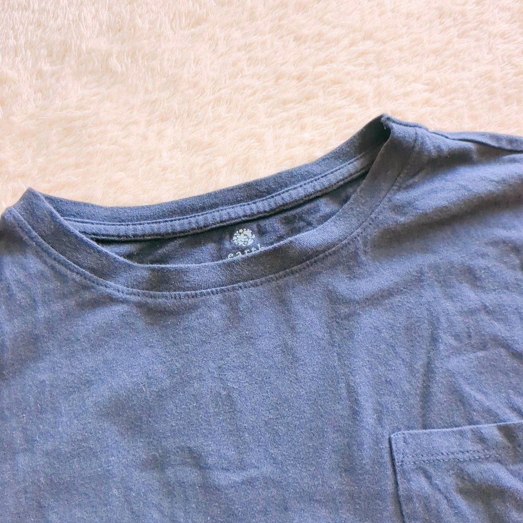 earth　Tシャツ　F　ネイビー　半袖　胸ポケット　スリット　ショート