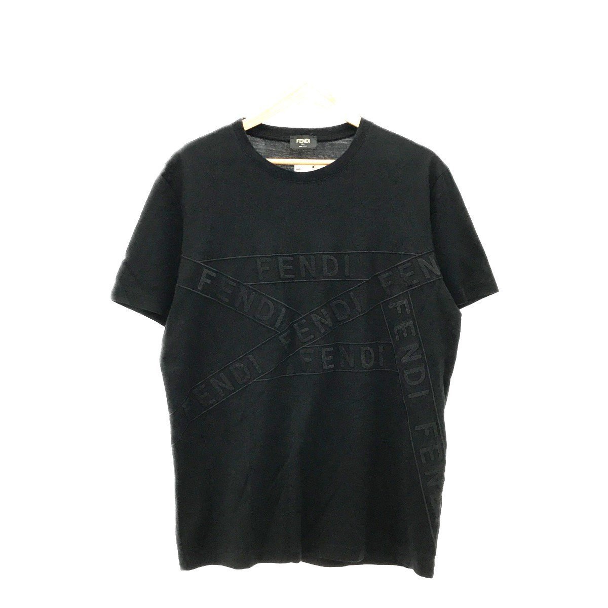 イタリア製 FENDI フェンディ FAF532 AD3Q T-SHIRT TAPE L.J. ロゴ刺繍 テープデザイン Tシャツ 半袖カットソー トップス XL ブラック